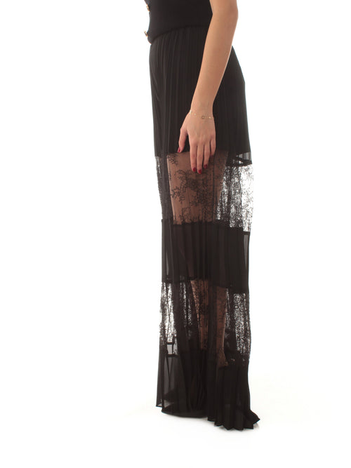 Twinset pantaloni in georgette plissé con pizzo da donna nero