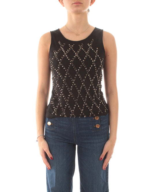 Twinset top con perle e strass da donna nero