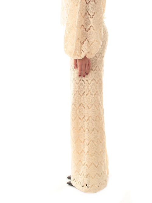 Twinset pantaloni wide leg in pizzo macramè da donna delicate beige