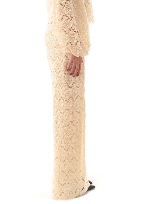 Twinset pantaloni wide leg in pizzo macramè da donna delicate beige