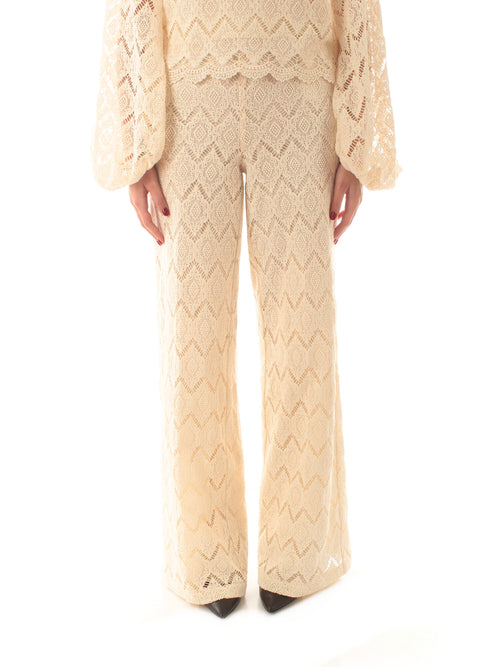 Twinset pantaloni wide leg in pizzo macramè da donna delicate beige