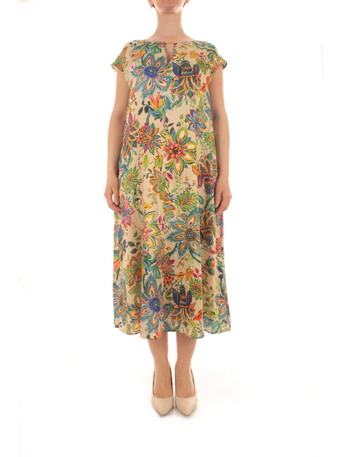 Luisa Viola abito da donna fondo beige con fiori multicolor