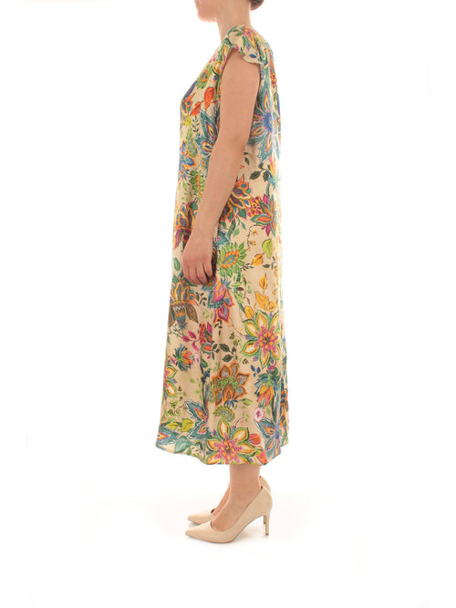 Luisa Viola abito da donna fondo beige con fiori multicolor