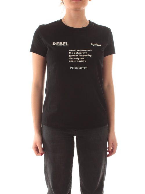 Patrizia Pepe T-shirt con slogan mix fabric da donna nero