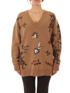 Akep maglia con ricami da donna tabacco