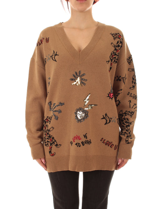 Akep maglia con ricami da donna tabacco