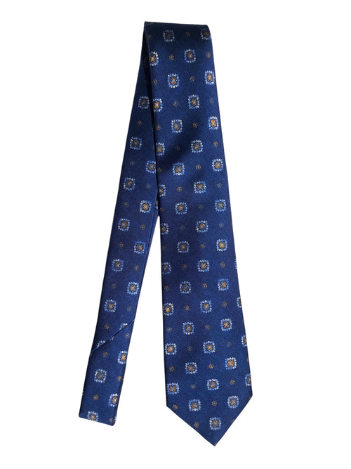 Kiton cravatta 7 pieghe in seta stampata bluette da uomo