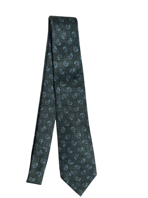 Kiton cravatta 7 pieghe in seta verde disegno cashmere da uomo