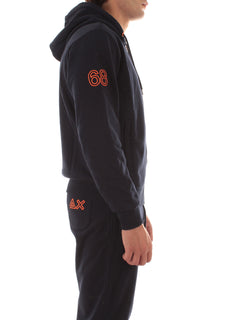 Sun 68 felpa in cotone con cappuccio e logo fluo da uomo navy blue
