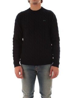 Sun 68 maglia girocollo in misto lana a trecce da uomo navy blue