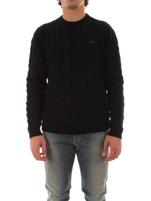 Sun 68 maglia girocollo in misto lana a trecce da uomo navy blue