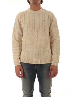 Sun 68 maglia girocollo in misto lana a trecce da uomo bianco panna