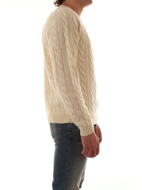 Sun 68 maglia girocollo in misto lana a trecce da uomo bianco panna