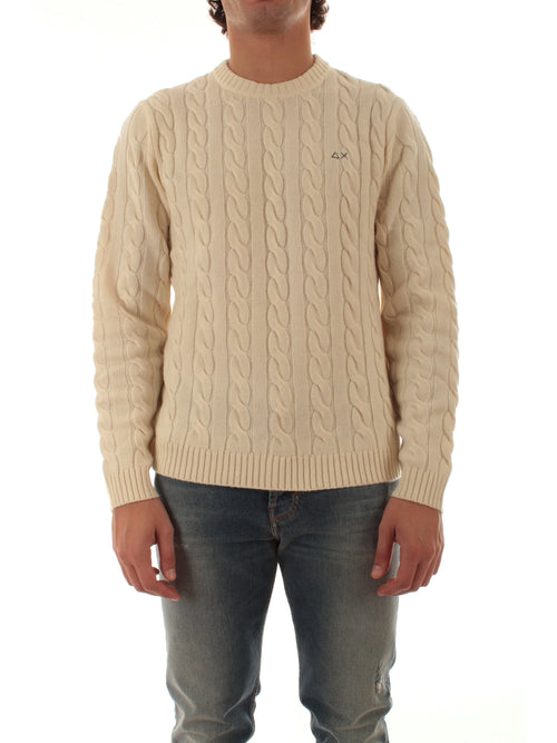 Sun 68 maglia girocollo in misto lana a trecce da uomo bianco panna