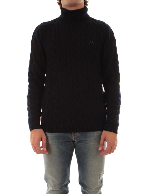 Sun 68 maglia dolcevita in misto lana a trecce da uomo navy blue