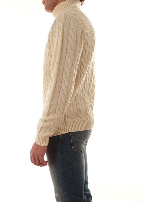 Sun 68 maglia dolcevita in misto lana a trecce da uomo bianco panna