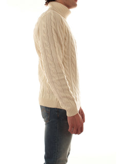 Sun 68 maglia dolcevita in misto lana a trecce da uomo bianco panna