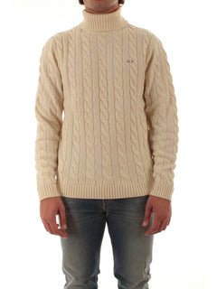 Sun 68 maglia dolcevita in misto lana a trecce da uomo bianco panna