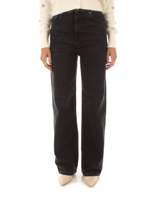 Twinset jeans wide leg con strass da donna nero