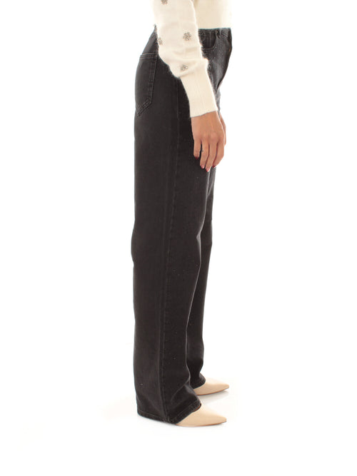 Twinset jeans wide leg con strass da donna nero