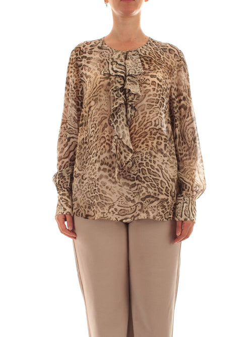 Elena Mirò blusa animalier con jabot da donna beige