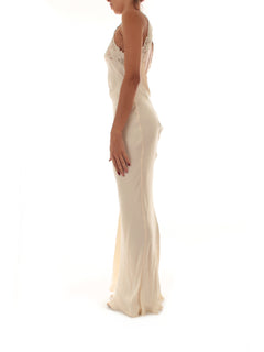 Twinset abito lungo halter in raso con ricamo da donna light natural