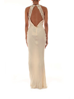 Twinset abito lungo halter in raso con ricamo da donna light natural