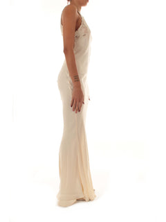 Twinset abito lungo halter in raso con ricamo da donna light natural
