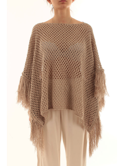 Akep poncho in punto rete con micropaillettes da donna ecru