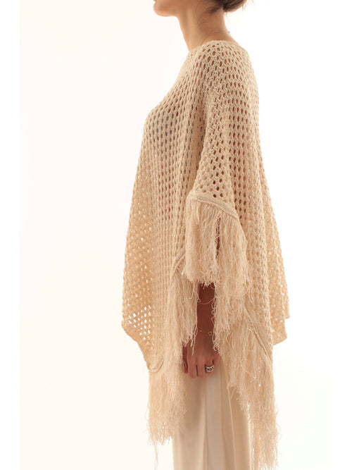 Akep poncho in punto rete con micropaillettes da donna sabbia