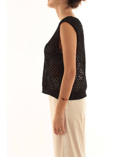 Akep top in punto rete con micropaillettes da donna nero