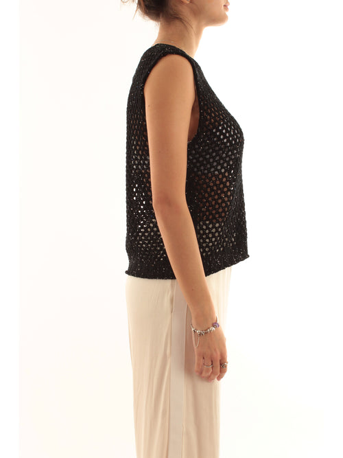 Akep top in punto rete con micropaillettes da donna nero