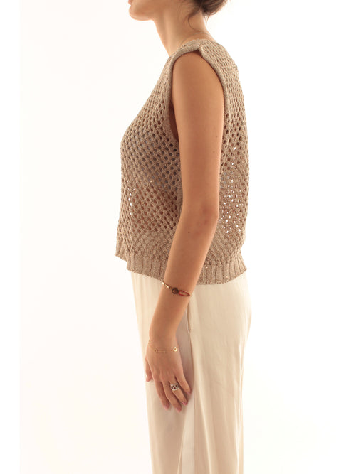 Akep top in punto rete con micropaillettes da donna sabbia