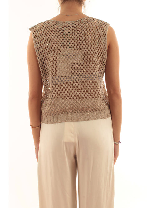 Akep top in punto rete con micropaillettes da donna sabbia
