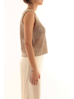 Akep top in punto rete con micropaillettes da donna sabbia