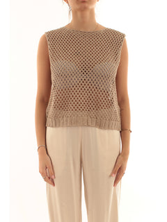 Akep top in punto rete con micropaillettes da donna sabbia