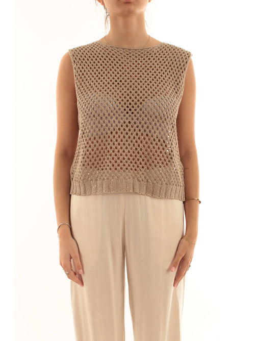 Akep top in punto rete con micropaillettes da donna sabbia
