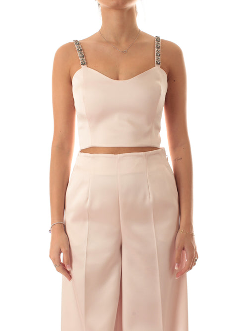 Twinset top cropped in duchesse con ricamo da donna sabbia rosa
