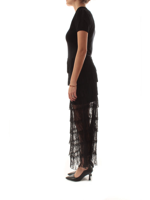 Twinset abito lungo in maglia e pizzo plumetis nero da donna