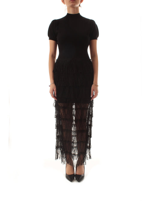 Twinset abito lungo in maglia e pizzo plumetis nero da donna