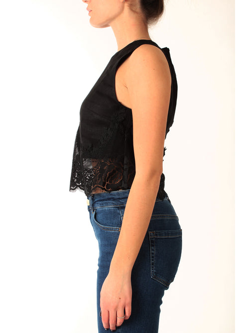 Twinset top in lino con pizzo  da donna nero
