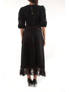 Twinset abito lungo in misto lino con ricami da donna nero