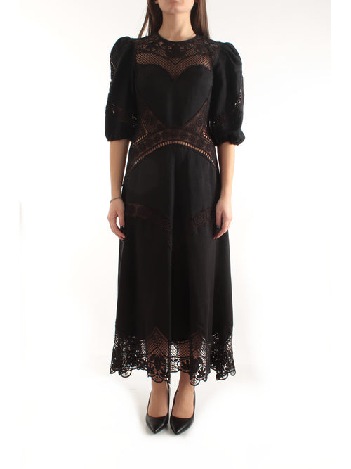 Twinset abito lungo in misto lino con ricami da donna nero