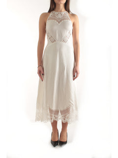 Twinset abito lungo in misto lino con ricami da donna bianco ottico