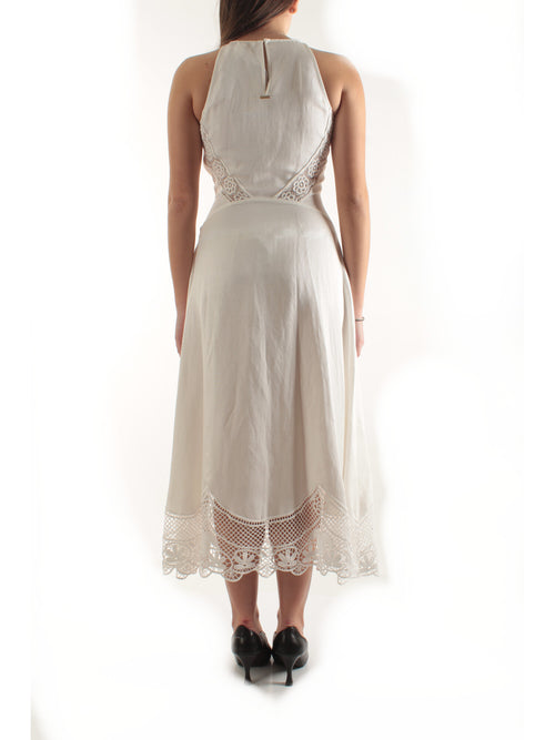 Twinset abito lungo in misto lino con ricami da donna bianco ottico