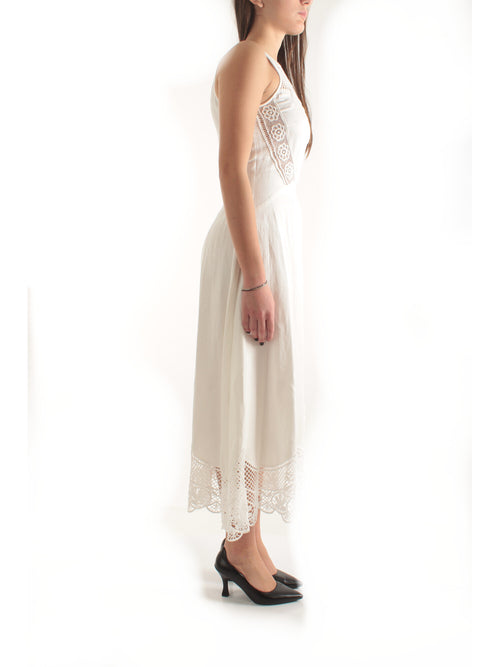Twinset abito lungo in misto lino con ricami da donna bianco ottico