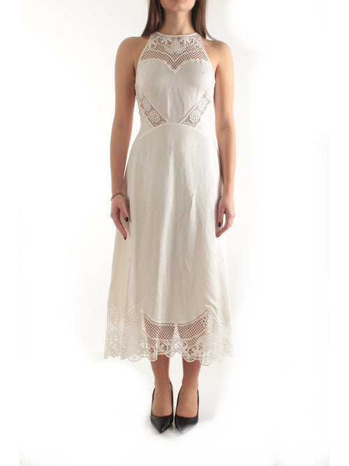 Twinset abito lungo in misto lino con ricami da donna bianco ottico