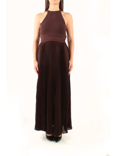 Twinset Abito lungo in maglia e georgette plissé da donna coffee liqueur