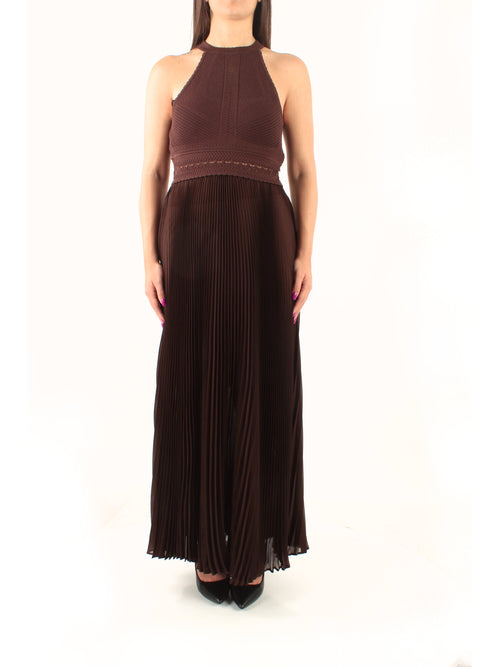 Twinset Abito lungo in maglia e georgette plissé da donna coffee liqueur