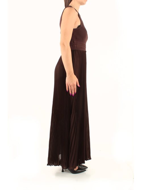 Twinset Abito lungo in maglia e georgette plissé da donna coffee liqueur